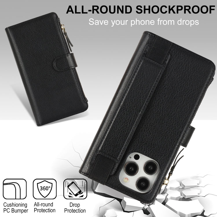 For iPhone 13 Pro Max Wristband Holder Zipper Purse RFID Leather Phone Case(Black) - iPhone 13 Pro Max Cases by buy2fix | Online Shopping UK | buy2fix