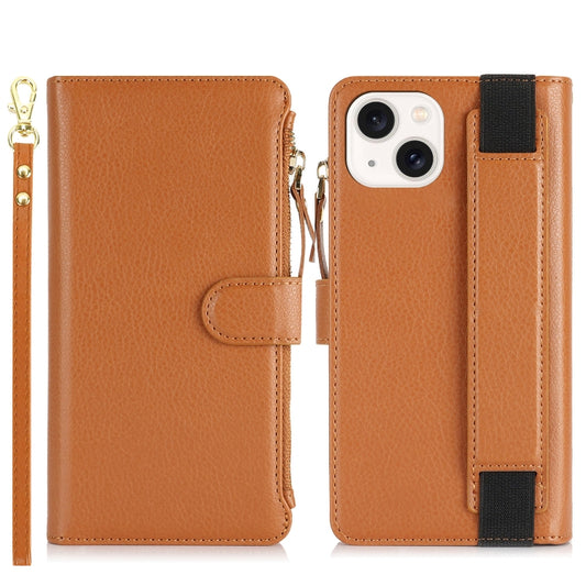 For iPhone 14 Plus Wristband Holder Zipper Purse RFID Leather Phone Case(Brown) - iPhone 14 Plus Cases by buy2fix | Online Shopping UK | buy2fix
