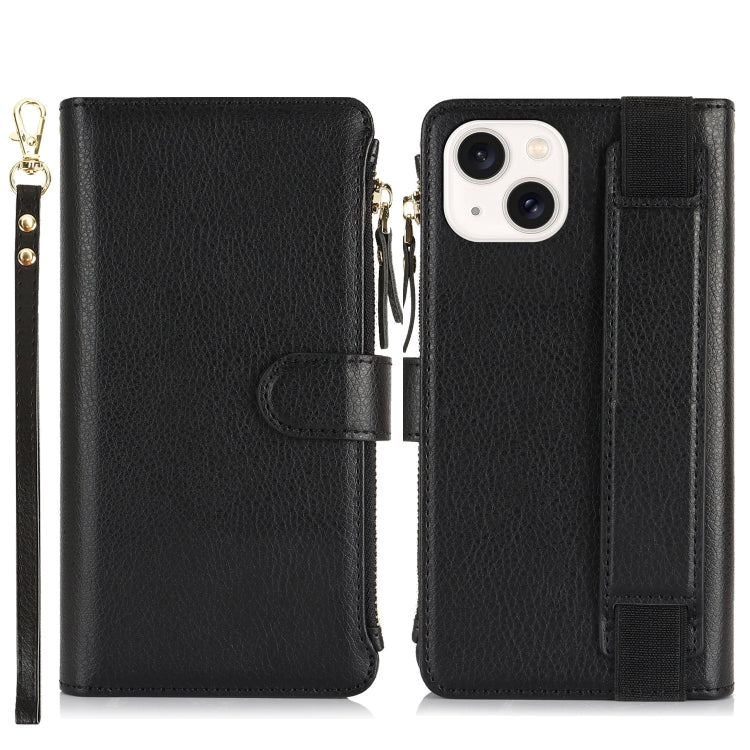For iPhone 15 Wristband Holder Zipper Purse RFID Leather Phone Case(Black) - iPhone 15 Cases by buy2fix | Online Shopping UK | buy2fix