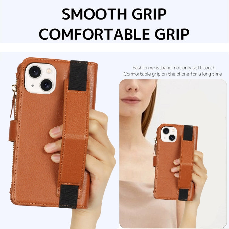 For iPhone 15 Wristband Holder Zipper Purse RFID Leather Phone Case(Brown) - iPhone 15 Cases by buy2fix | Online Shopping UK | buy2fix