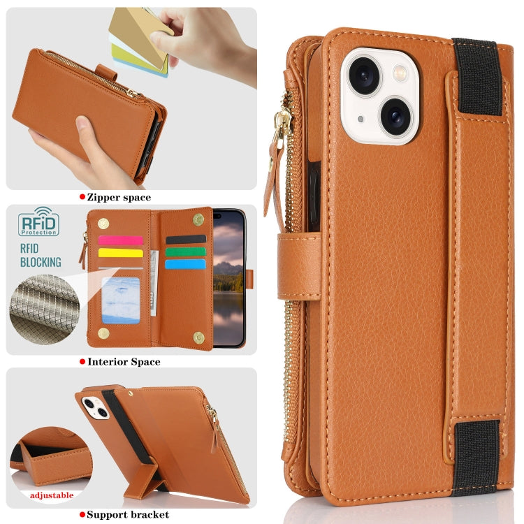 For iPhone 15 Wristband Holder Zipper Purse RFID Leather Phone Case(Brown) - iPhone 15 Cases by buy2fix | Online Shopping UK | buy2fix