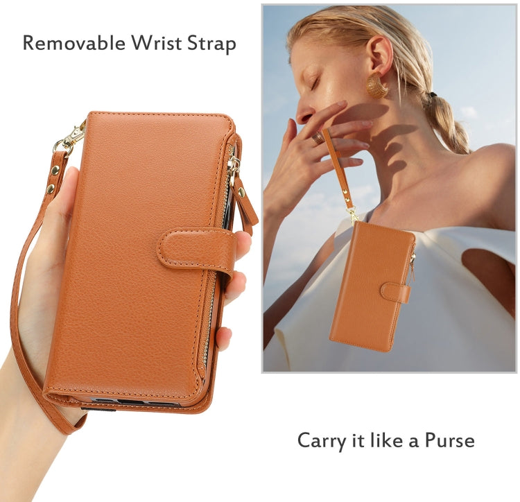 For iPhone 15 Wristband Holder Zipper Purse RFID Leather Phone Case(Brown) - iPhone 15 Cases by buy2fix | Online Shopping UK | buy2fix