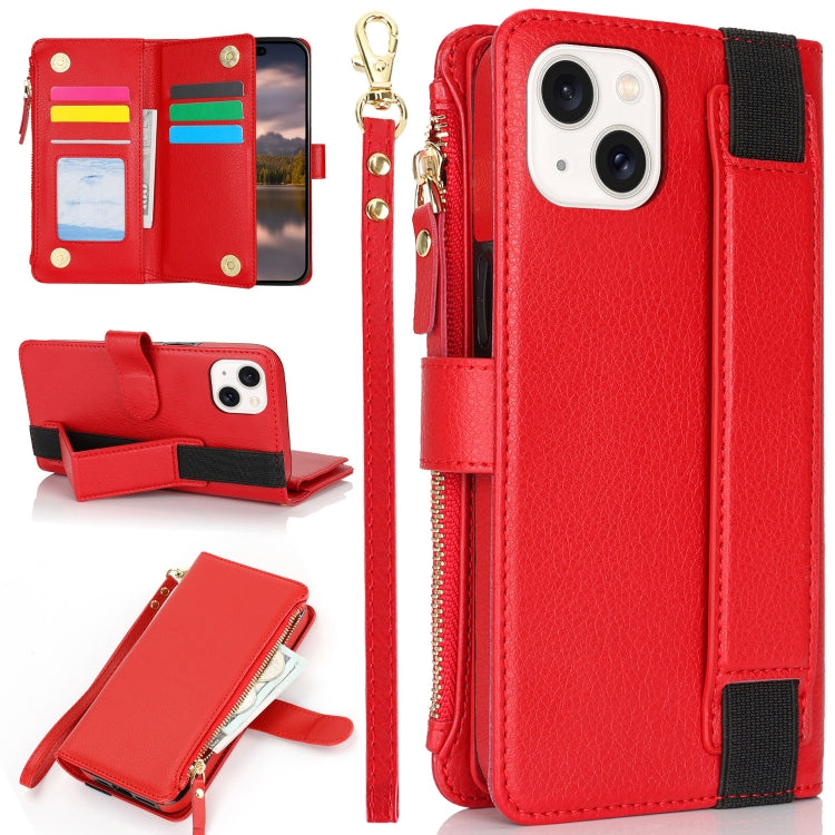 For iPhone 15 Wristband Holder Zipper Purse RFID Leather Phone Case(Red) - iPhone 15 Cases by buy2fix | Online Shopping UK | buy2fix