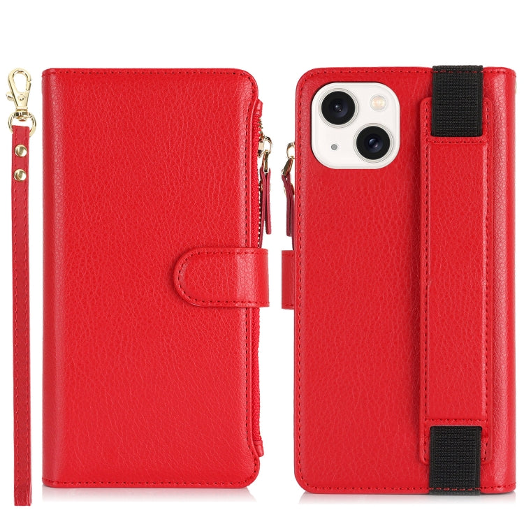 For iPhone 15 Wristband Holder Zipper Purse RFID Leather Phone Case(Red) - iPhone 15 Cases by buy2fix | Online Shopping UK | buy2fix