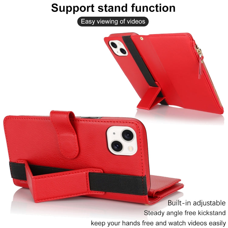 For iPhone 15 Wristband Holder Zipper Purse RFID Leather Phone Case(Red) - iPhone 15 Cases by buy2fix | Online Shopping UK | buy2fix