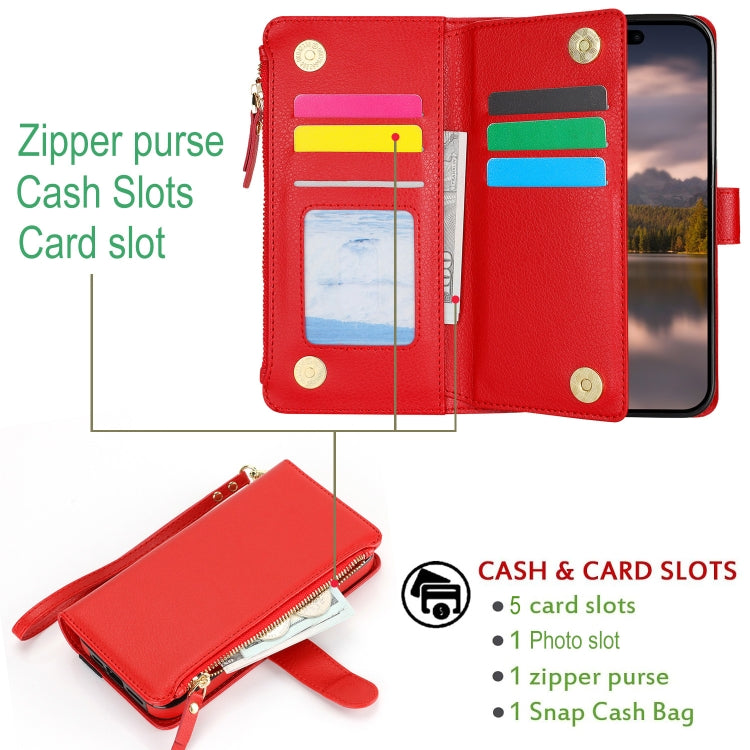 For iPhone 15 Wristband Holder Zipper Purse RFID Leather Phone Case(Red) - iPhone 15 Cases by buy2fix | Online Shopping UK | buy2fix