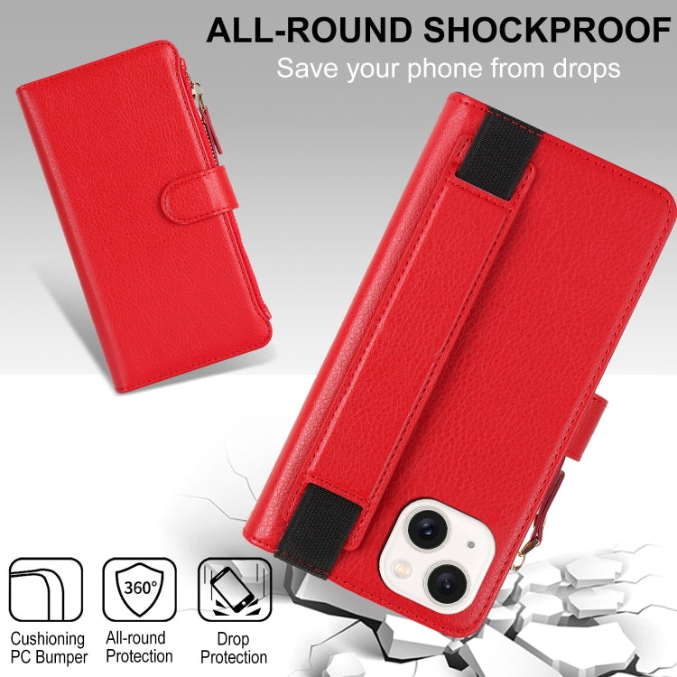 For iPhone 15 Wristband Holder Zipper Purse RFID Leather Phone Case(Red) - iPhone 15 Cases by buy2fix | Online Shopping UK | buy2fix