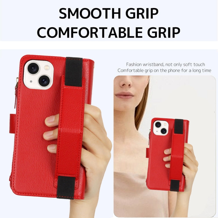 For iPhone 15 Wristband Holder Zipper Purse RFID Leather Phone Case(Red) - iPhone 15 Cases by buy2fix | Online Shopping UK | buy2fix