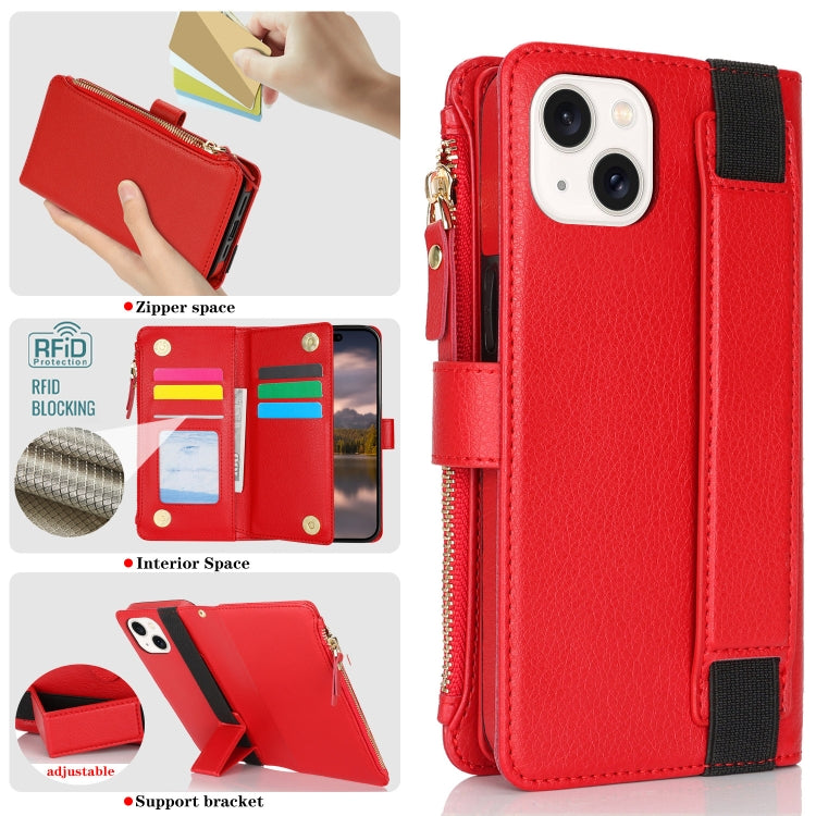 For iPhone 15 Wristband Holder Zipper Purse RFID Leather Phone Case(Red) - iPhone 15 Cases by buy2fix | Online Shopping UK | buy2fix