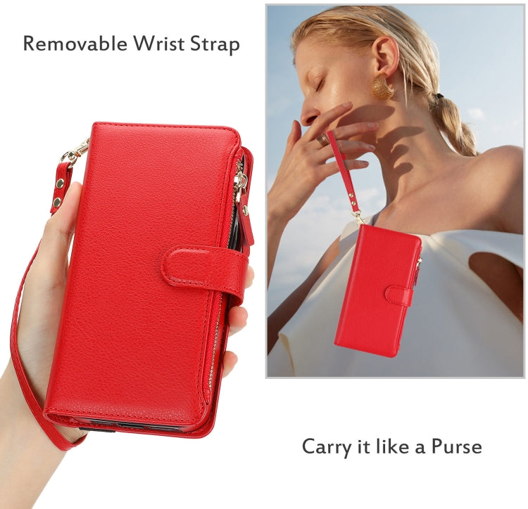 For iPhone 15 Wristband Holder Zipper Purse RFID Leather Phone Case(Red) - iPhone 15 Cases by buy2fix | Online Shopping UK | buy2fix