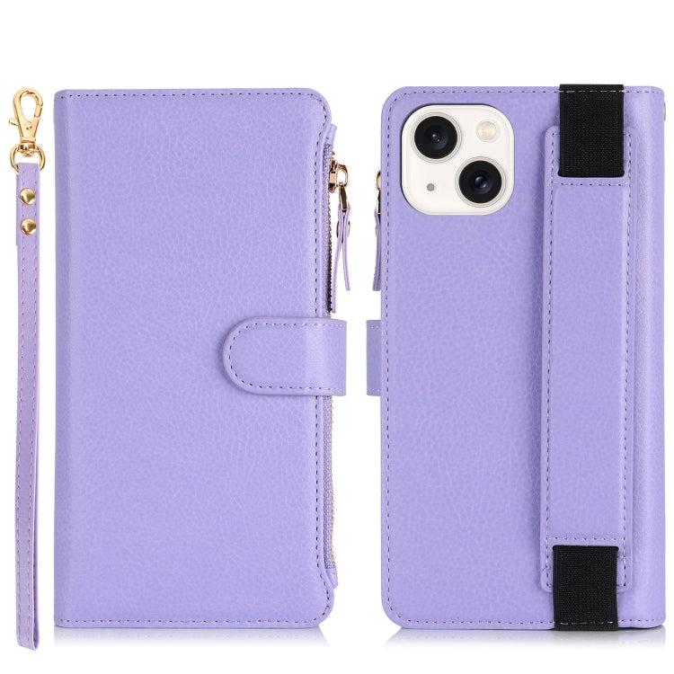 For iPhone 15 Wristband Holder Zipper Purse RFID Leather Phone Case(Purple) - iPhone 15 Cases by buy2fix | Online Shopping UK | buy2fix