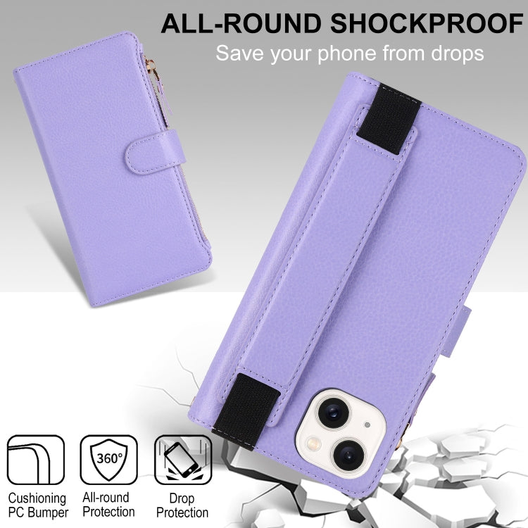 For iPhone 15 Wristband Holder Zipper Purse RFID Leather Phone Case(Purple) - iPhone 15 Cases by buy2fix | Online Shopping UK | buy2fix
