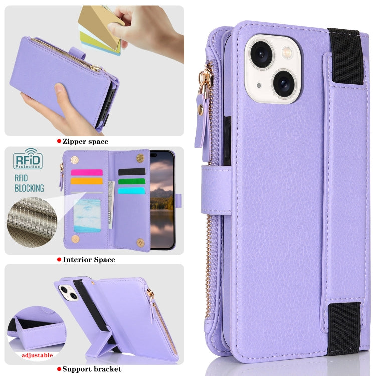 For iPhone 15 Wristband Holder Zipper Purse RFID Leather Phone Case(Purple) - iPhone 15 Cases by buy2fix | Online Shopping UK | buy2fix