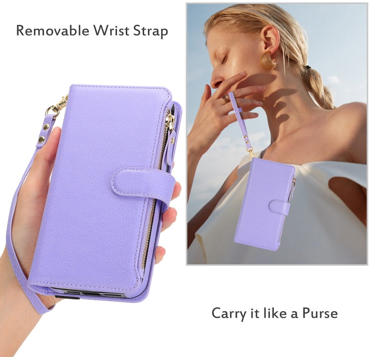 For iPhone 15 Wristband Holder Zipper Purse RFID Leather Phone Case(Purple) - iPhone 15 Cases by buy2fix | Online Shopping UK | buy2fix