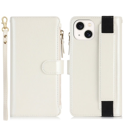 For iPhone 15 Wristband Holder Zipper Purse RFID Leather Phone Case(White) - iPhone 15 Cases by buy2fix | Online Shopping UK | buy2fix