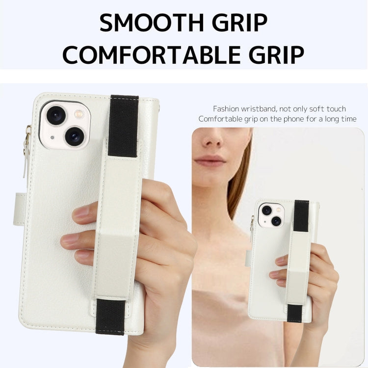 For iPhone 15 Wristband Holder Zipper Purse RFID Leather Phone Case(White) - iPhone 15 Cases by buy2fix | Online Shopping UK | buy2fix