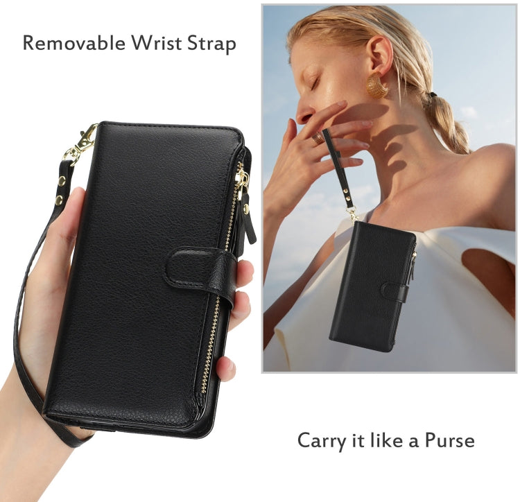 For iPhone 15 Pro Wristband Holder Zipper Purse RFID Leather Phone Case(Black) - iPhone 15 Pro Cases by buy2fix | Online Shopping UK | buy2fix