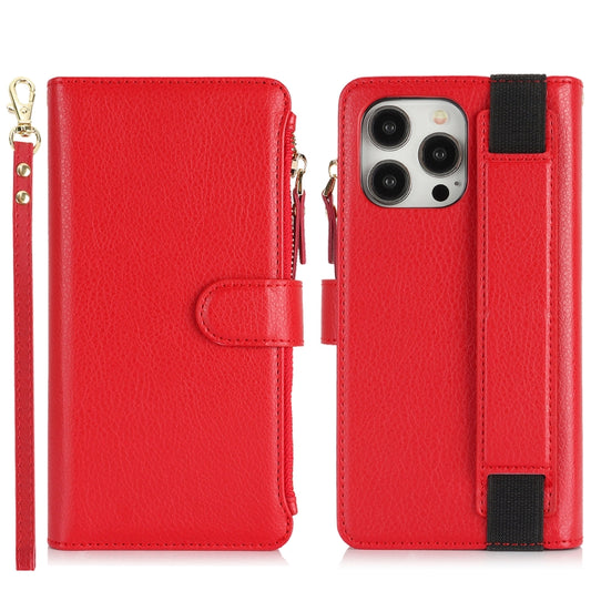 For iPhone 15 Pro Wristband Holder Zipper Purse RFID Leather Phone Case(Red) - iPhone 15 Pro Cases by buy2fix | Online Shopping UK | buy2fix