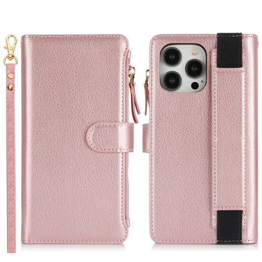 For iPhone 15 Pro Wristband Holder Zipper Purse RFID Leather Phone Case(Rose Gold) - iPhone 15 Pro Cases by buy2fix | Online Shopping UK | buy2fix