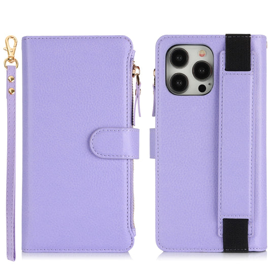 For iPhone 15 Pro Wristband Holder Zipper Purse RFID Leather Phone Case(Purple) - iPhone 15 Pro Cases by buy2fix | Online Shopping UK | buy2fix