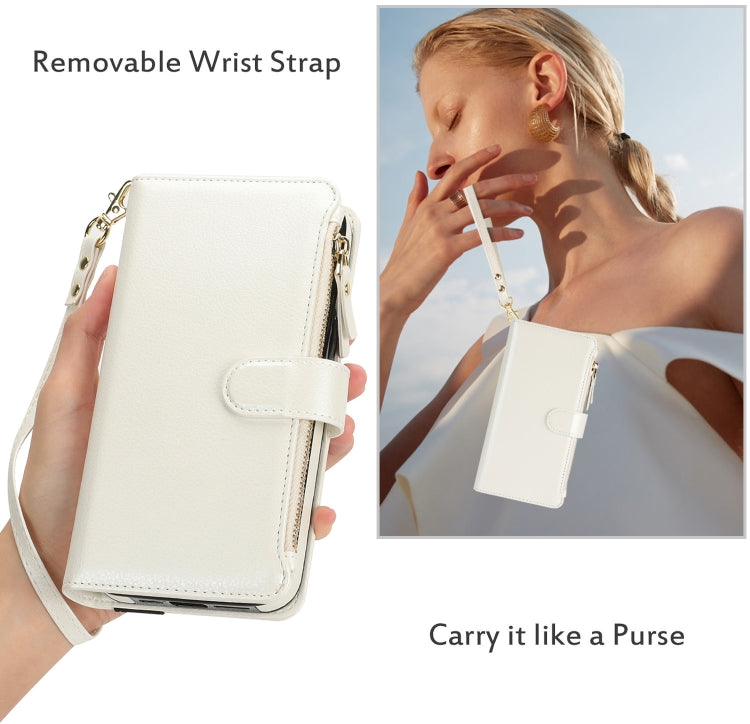 For iPhone 15 Pro Wristband Holder Zipper Purse RFID Leather Phone Case(White) - iPhone 15 Pro Cases by buy2fix | Online Shopping UK | buy2fix