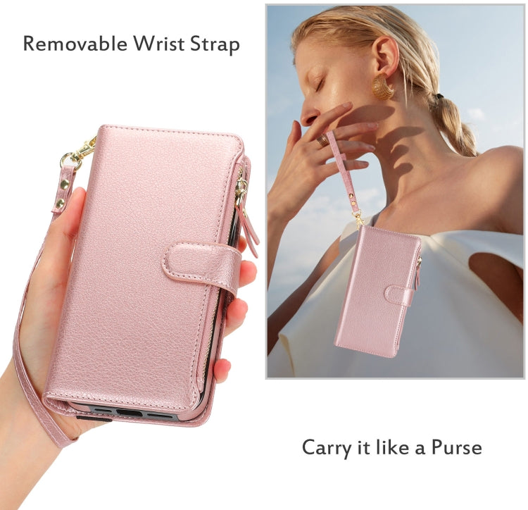 For iPhone 16 Wristband Holder Zipper Purse RFID Leather Phone Case(Rose Gold) - iPhone 16 Cases by buy2fix | Online Shopping UK | buy2fix
