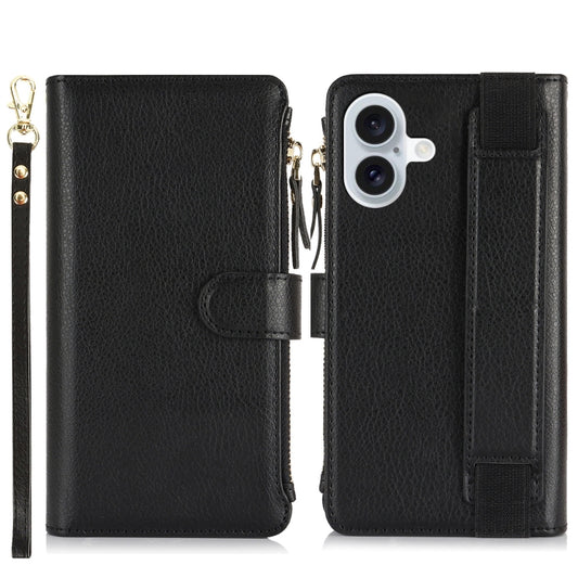 For iPhone 16 Plus Wristband Holder Zipper Purse RFID Leather Phone Case(Black) - iPhone 16 Plus Cases by buy2fix | Online Shopping UK | buy2fix