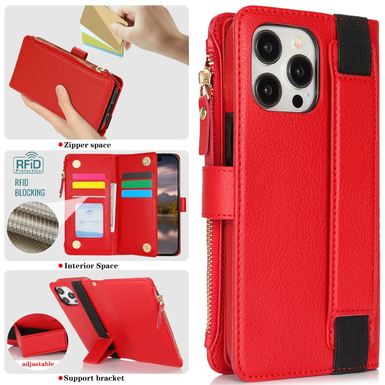 For iPhone 16 Pro Wristband Holder Zipper Purse RFID Leather Phone Case(Red) - iPhone 16 Pro Cases by buy2fix | Online Shopping UK | buy2fix