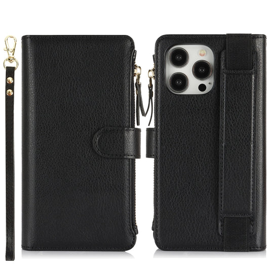 For iPhone 16 Pro Max Wristband Holder Zipper Purse RFID Leather Phone Case(Black) by buy2fix