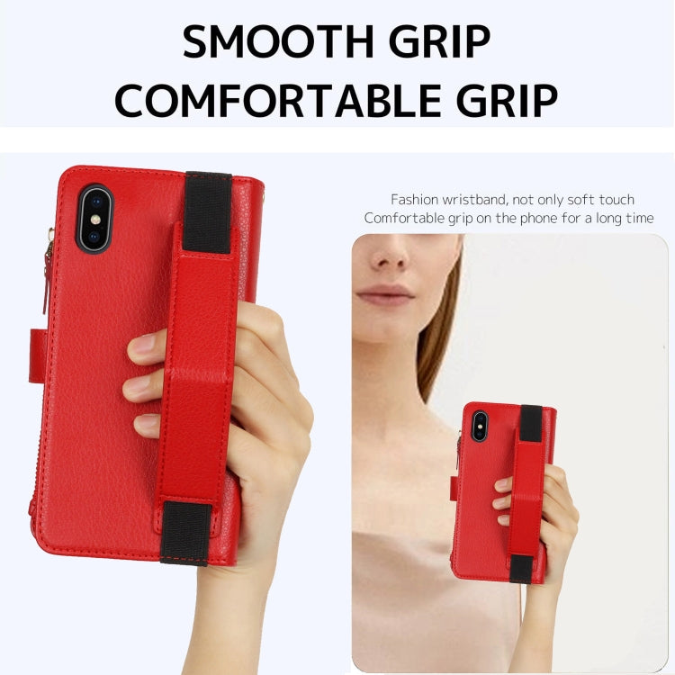 For iPhone XS / X Wristband Holder Zipper Purse RFID Leather Phone Case(Red) - More iPhone Cases by buy2fix | Online Shopping UK | buy2fix