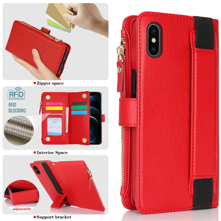 For iPhone XS / X Wristband Holder Zipper Purse RFID Leather Phone Case(Red) - More iPhone Cases by buy2fix | Online Shopping UK | buy2fix