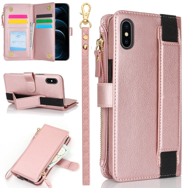 For iPhone XS / X Wristband Holder Zipper Purse RFID Leather Phone Case(Rose Gold) - More iPhone Cases by buy2fix | Online Shopping UK | buy2fix