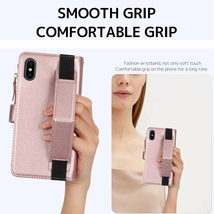 For iPhone XS / X Wristband Holder Zipper Purse RFID Leather Phone Case(Rose Gold) - More iPhone Cases by buy2fix | Online Shopping UK | buy2fix