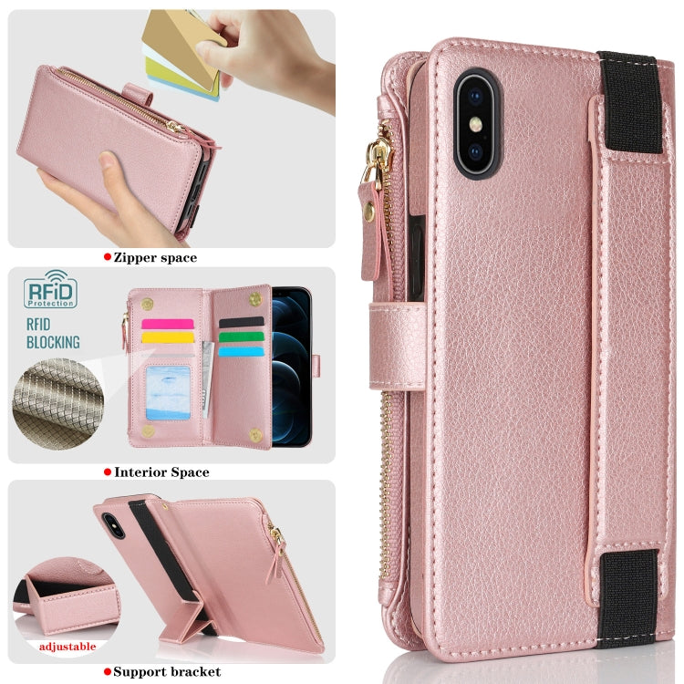 For iPhone XS / X Wristband Holder Zipper Purse RFID Leather Phone Case(Rose Gold) - More iPhone Cases by buy2fix | Online Shopping UK | buy2fix