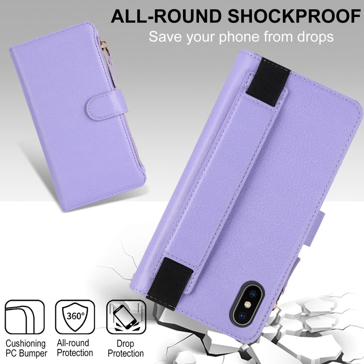 For iPhone XS / X Wristband Holder Zipper Purse RFID Leather Phone Case(Purple) - More iPhone Cases by buy2fix | Online Shopping UK | buy2fix