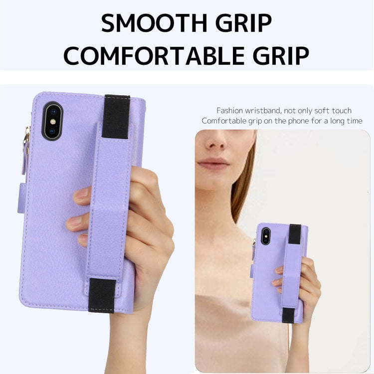 For iPhone XS / X Wristband Holder Zipper Purse RFID Leather Phone Case(Purple) - More iPhone Cases by buy2fix | Online Shopping UK | buy2fix