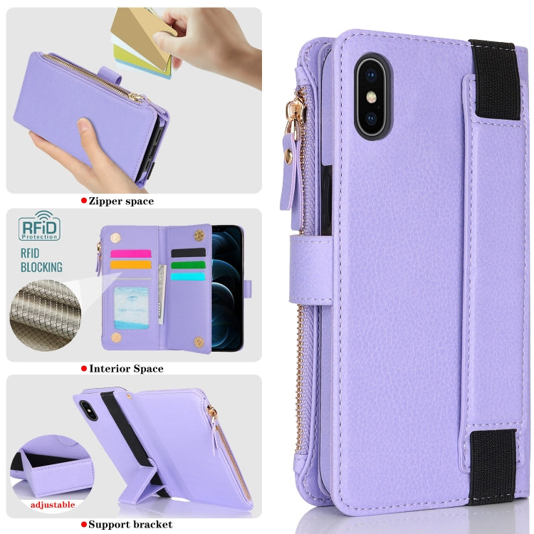 For iPhone XS / X Wristband Holder Zipper Purse RFID Leather Phone Case(Purple) - More iPhone Cases by buy2fix | Online Shopping UK | buy2fix
