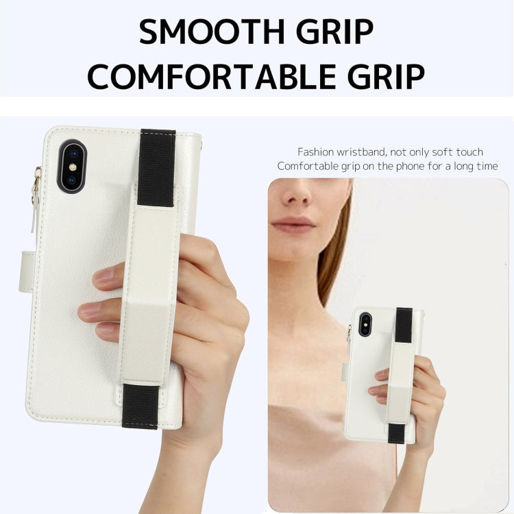 For iPhone XS / X Wristband Holder Zipper Purse RFID Leather Phone Case(White) - More iPhone Cases by buy2fix | Online Shopping UK | buy2fix