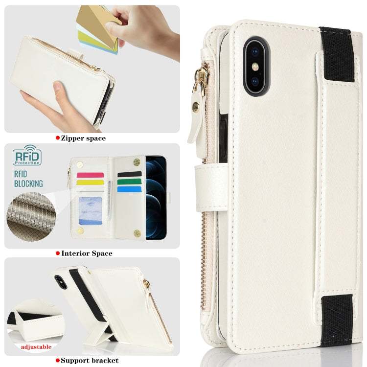For iPhone XS / X Wristband Holder Zipper Purse RFID Leather Phone Case(White) - More iPhone Cases by buy2fix | Online Shopping UK | buy2fix
