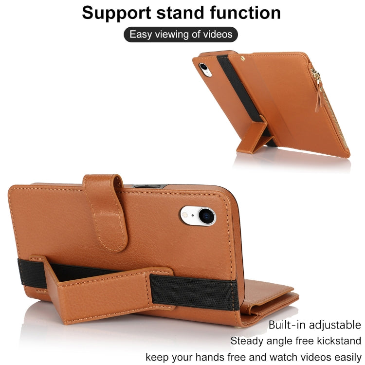 For iPhone XR Wristband Holder Zipper Purse RFID Leather Phone Case(Brown) - More iPhone Cases by buy2fix | Online Shopping UK | buy2fix