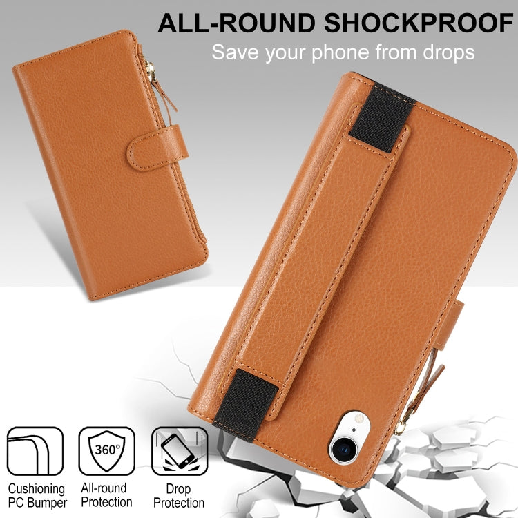 For iPhone XR Wristband Holder Zipper Purse RFID Leather Phone Case(Brown) - More iPhone Cases by buy2fix | Online Shopping UK | buy2fix