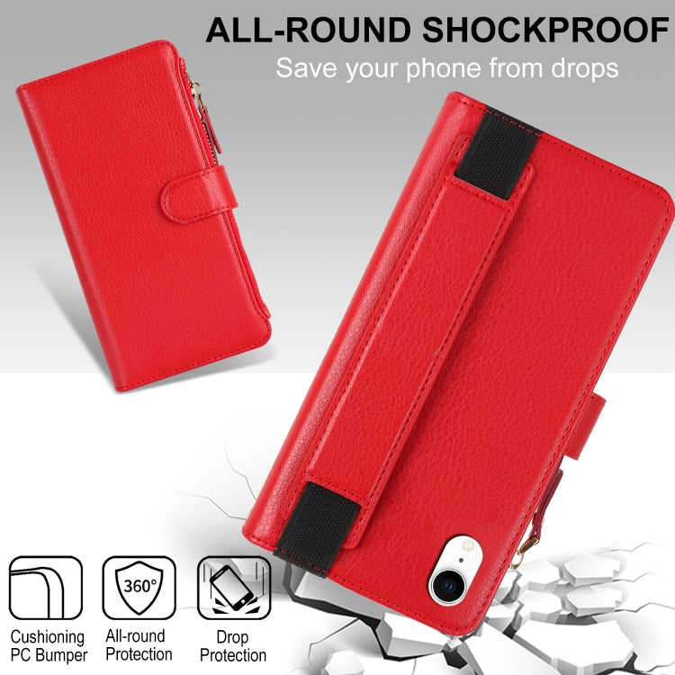 For iPhone XR Wristband Holder Zipper Purse RFID Leather Phone Case(Red) - More iPhone Cases by buy2fix | Online Shopping UK | buy2fix
