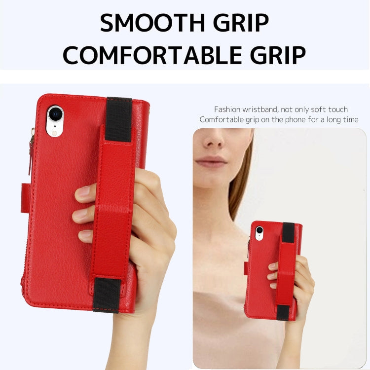 For iPhone XR Wristband Holder Zipper Purse RFID Leather Phone Case(Red) - More iPhone Cases by buy2fix | Online Shopping UK | buy2fix