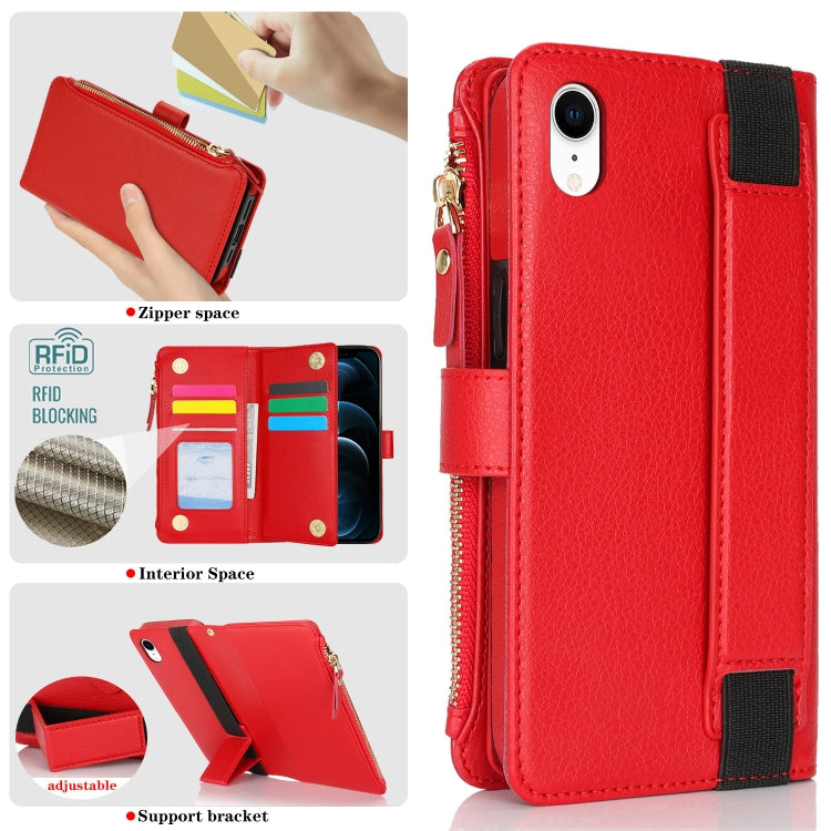 For iPhone XR Wristband Holder Zipper Purse RFID Leather Phone Case(Red) - More iPhone Cases by buy2fix | Online Shopping UK | buy2fix
