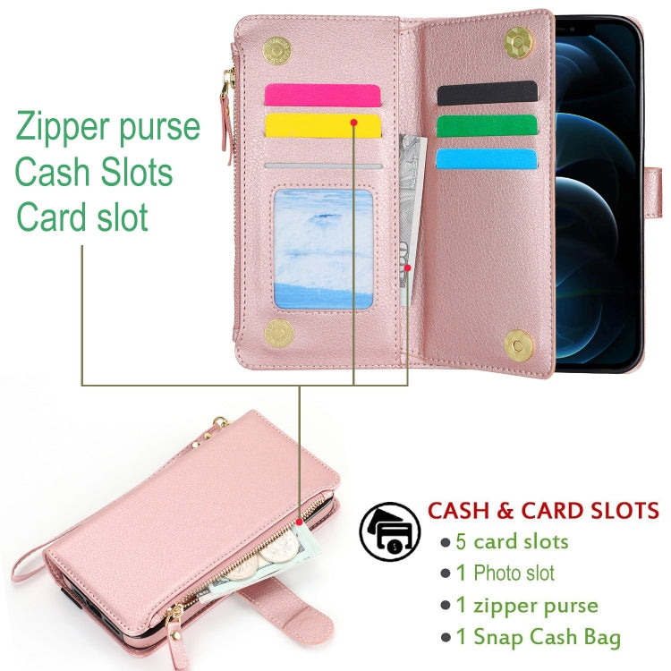 For iPhone XR Wristband Holder Zipper Purse RFID Leather Phone Case(Rose Gold) - More iPhone Cases by buy2fix | Online Shopping UK | buy2fix