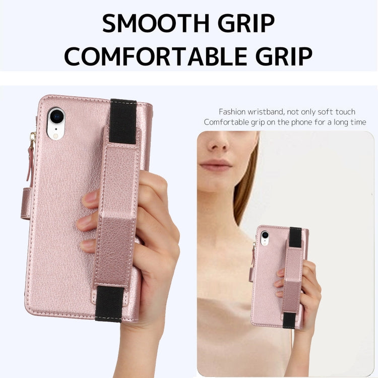For iPhone XR Wristband Holder Zipper Purse RFID Leather Phone Case(Rose Gold) - More iPhone Cases by buy2fix | Online Shopping UK | buy2fix