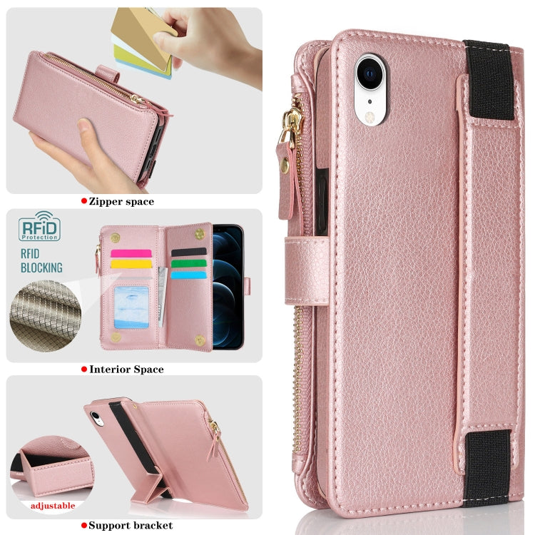 For iPhone XR Wristband Holder Zipper Purse RFID Leather Phone Case(Rose Gold) - More iPhone Cases by buy2fix | Online Shopping UK | buy2fix