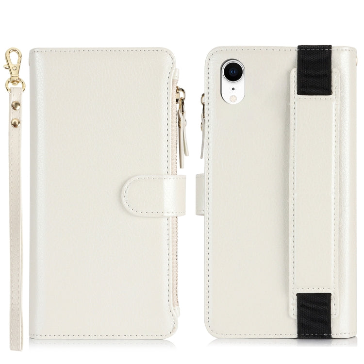 For iPhone XR Wristband Holder Zipper Purse RFID Leather Phone Case(White) - More iPhone Cases by buy2fix | Online Shopping UK | buy2fix