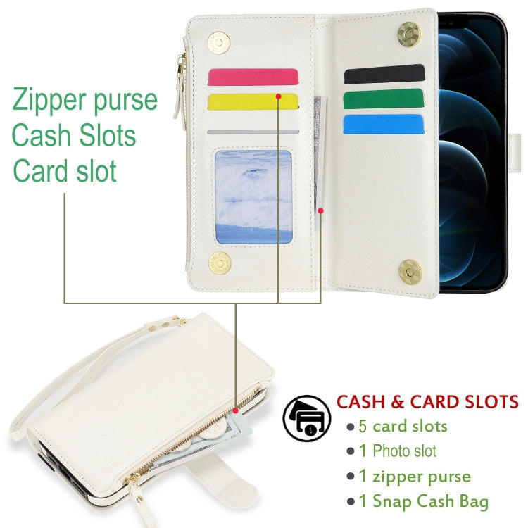 For iPhone XR Wristband Holder Zipper Purse RFID Leather Phone Case(White) - More iPhone Cases by buy2fix | Online Shopping UK | buy2fix