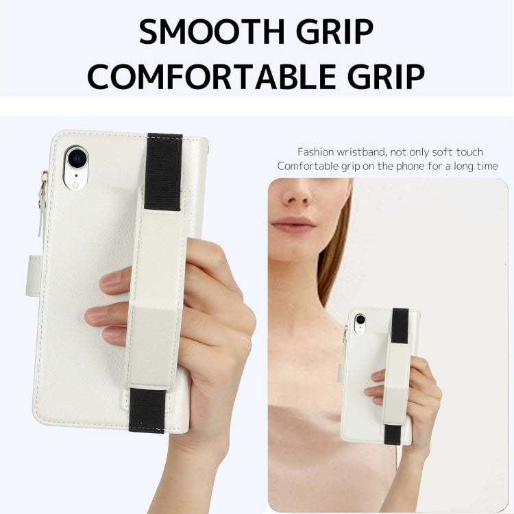 For iPhone XR Wristband Holder Zipper Purse RFID Leather Phone Case(White) - More iPhone Cases by buy2fix | Online Shopping UK | buy2fix